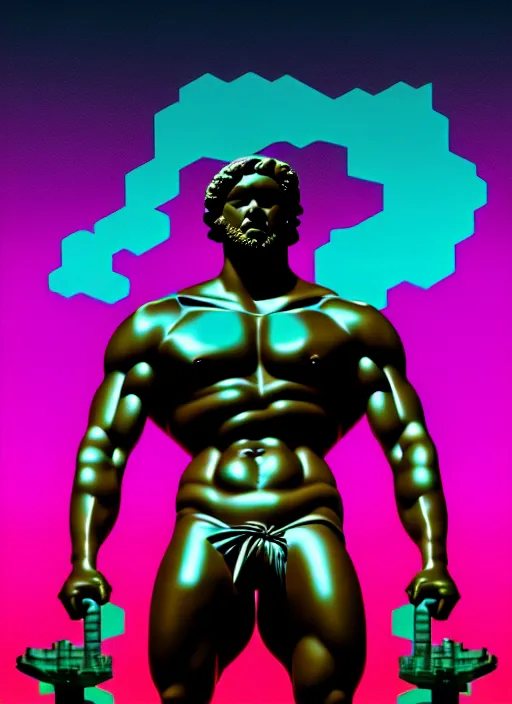 Image similar to statue of hercules, beeple, android jones, ( ( ( ( ( dan mumford ) ) ) ) ), vaporwave, retrowave, black background, neon wiring, black, glitch, strong contrast, cuts, pinterest, trending on artstation