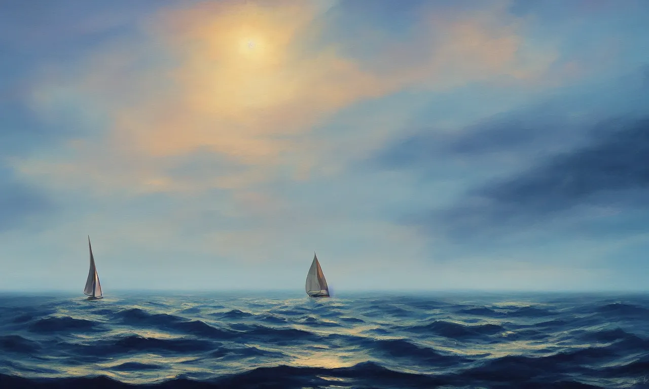 Prompt: A lonely sailboat at sea, a magical summer, trending on artstation, 50mm, by Noah Bradley