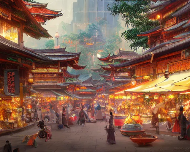 Prompt: colorful, bustling marketplace in a great kitsune city, bamboo, fountain, a fantasy digital painting by Greg Rutkowski and James Gurney, trending on Artstation, highly detailed