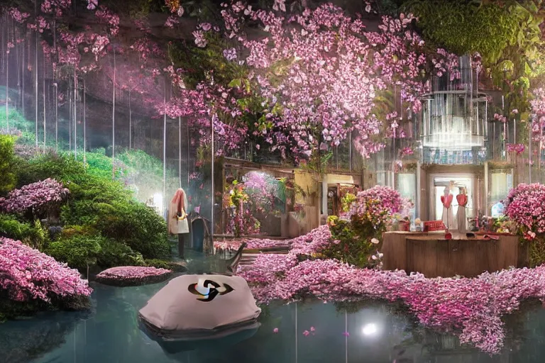 Prompt: epic film etablish shot of a very surreal hospital with its own cafe in a lush waterfall garden, falling cherry blossoms pedals, in the style of Gucci and Wes Anderson glowing lights and floating lanterns, muted colors, magic details, very detailed, 8k, cinematic look