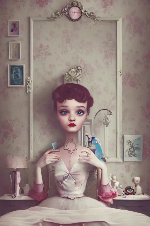 Prompt: portrait of a retro girl's room 1 9 5 0 s, depth of field, zeiss lens, detailed, symmetrical, centered, fashion shoot, by nicoletta ceccoli, mark ryden, lostfish, stunning, 8 k resolution, extremely detailed, beautiful, establishing shot, artistic, hyperrealistic, octane render