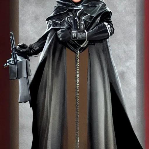 Image similar to a dark cloak with a handgun sticking out of the top where the head should be