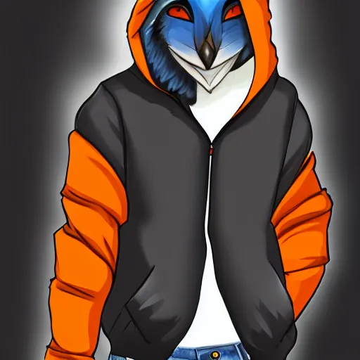 Prompt: humanoid furry! anthro avian!!! fursona, bird!!! digital art! trending on artstation! subject wearing hoodie and jeans!!