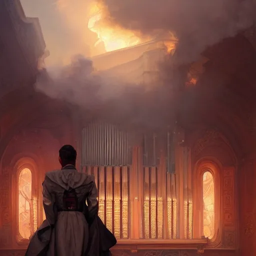 Image similar to portrait of a pipe organ facade surrounded by smoke, battle damage, sunset glow around head, full body portrait, intricate, elegant, highly detailed, digital painting, artstation, concept art, smooth, sharp focus, illustration, art by artgerm and greg rutkowski and alphonse mucha, background is a city in ruins