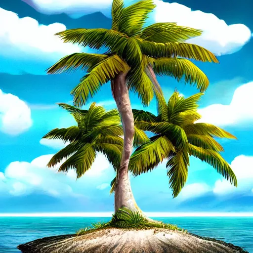 Image similar to lone palm tree on a lonely island in the sea, concept art, illustrated, highly detailed, high quality, bright colors, optimistic,