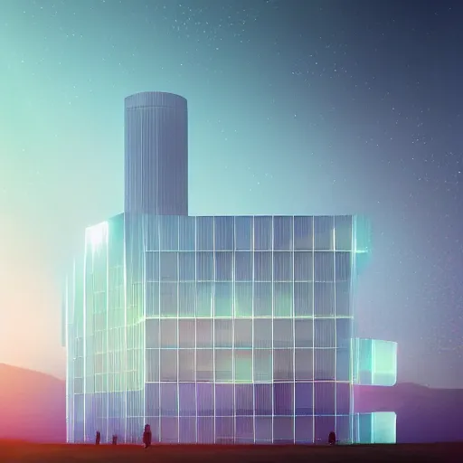 Image similar to Big atom research science building by Beeple and Petros Afshar, high res, award winning