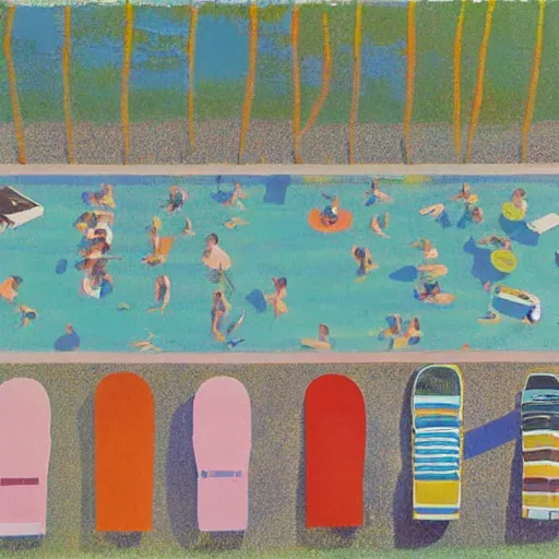 Image similar to Aerial view of a typical 1960s suburban family at the beach, painting by David Hockney, 1968
