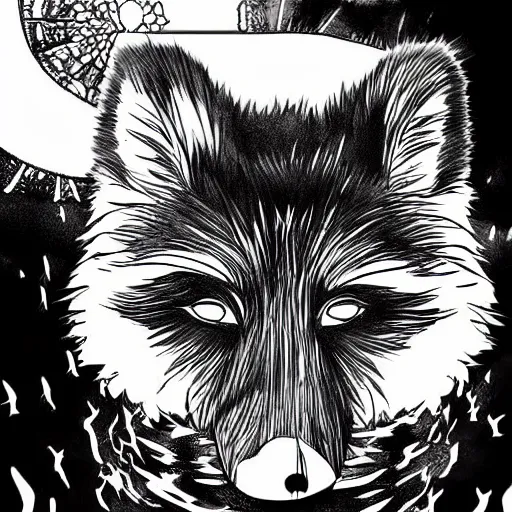 Prompt: 🦝🏝, comic art, digital art, spooky, black and white