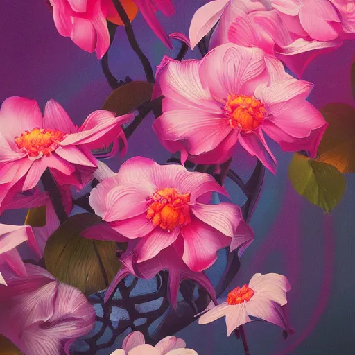 Prompt: retro painting of surreal waiizi flowers, by Ross Tran, highly detailed, hyperrealism, excellent composition, cinematic concept art, dramatic lighting, trending on ArtStation, abstract acrylic paiting strokes