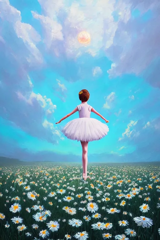 Image similar to giant white daisies flower as head, girl ballet in a flower field, surreal photography, sunrise, dramatic light, impressionist painting, colorful clouds, digital painting, artstation, simon stalenhag