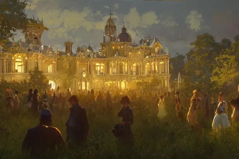 Image similar to an ornate victorian palace, party in front, scene in an open field. 1 8 9 0, key visual, conceptart, ambient lighting, highly detailed, digital painting, artstation, concept art, sharp focus, by makoto shinkai and akihiko yoshida and greg manchess