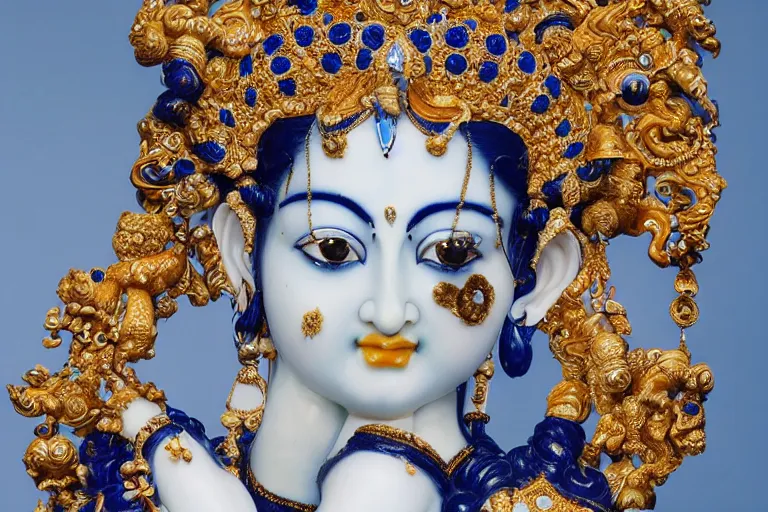 Image similar to full head and shoulders, beautiful female, deep blue porcelain sculpture, plastic jewellery of a hindu god, with lots of ornate gold leaf animals, attached to head by daniel arsham and james jean, on a white background, delicate facial features