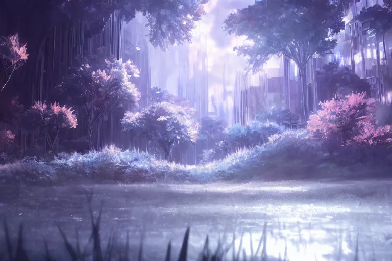 Image similar to scenery artwork, scene beautiful, light essence bioluminescent acrylic and cold nier automata pixiv scenery artwork : nature dream wire vegetation magic density infinite, macro seminal dream points of icy, frozen vaporwave shards tempted to turn into a dream scenery, high quality topical render, nier automata, concept art