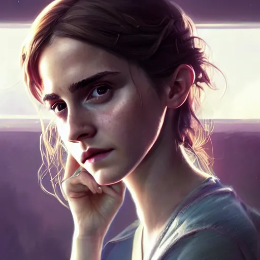 Image similar to highly detailed portrait of emma watson, stephen bliss, unreal engine, fantasy art by greg rutkowski, loish, rhads, ferdinand knab, makoto shinkai and lois van baarle, ilya kuvshinov, rossdraws, tom bagshaw, global illumination, radiant light, detailed and intricate environment