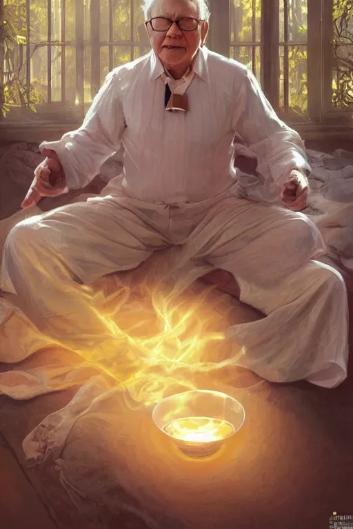 Image similar to warren buffet godly clothes meditating in the sun, yellow lighting ultra realistic photorealistic highly detailed high quality, a stunningly, digital painting, artstation, concept art, smooth, sharp focus, illustration, art by artgerm and greg rutkowski and alphonse mucha 8 k