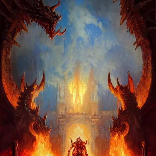 Image similar to a demon hunter stands in front of the gates to hell guarded by a huge dragon, painting by gaston bussiere, craig mullins, j. c. leyendecker, 4 k, 8 k, trending on artstation, artstationhd, artstationhq, highest detail