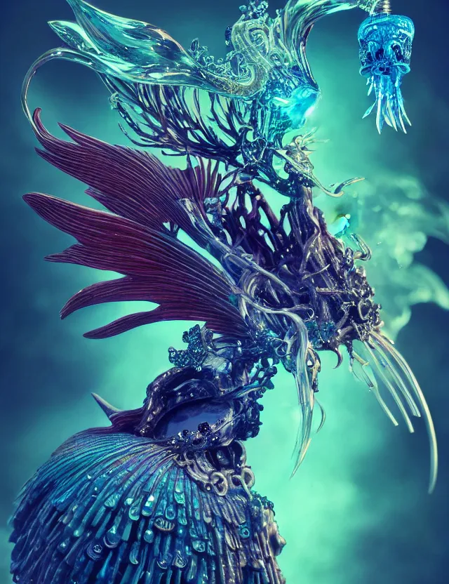 Prompt: witch phoenix macro close - up portrait with crown made of ram skull. phoenix, betta fish, jellyfish, bioluminiscent, plasma, ice, water, wind, creature, super intricate ornaments artwork by tooth wu and wlop and beeple and greg rutkowski