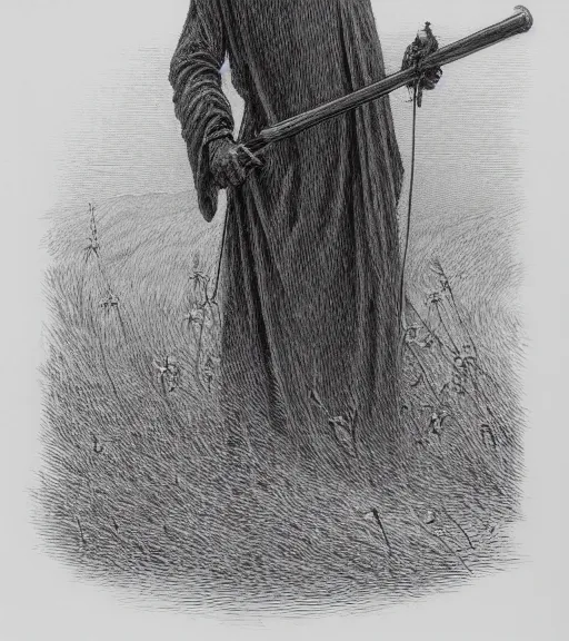 Prompt: grim reaper in beautiful meadow of flowers, pencil illustration by gustave dore, highly detailed, centered, high resolution, smooth, sharp focus, illustration