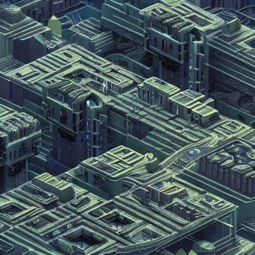 Image similar to an aerial view of a futuristic city in the mountains, a detailed matte painting by ricardo bofill, behance contest winner, generative art, isometric, greeble, terragen