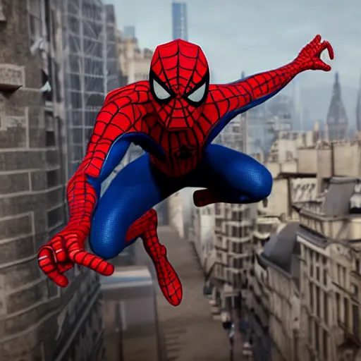 Prompt: a film portrait still of spiderman mile morales from paris, unrealengine 5. realism, cinematic lighting, highly detailed spider - man, 4 k. 8 mm. grainy. panavision.