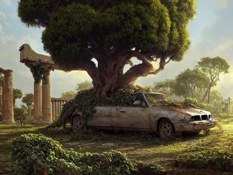 Image similar to a tree growing on a scrap car in ancient greek ruins, many overgrown scrap cars, overgrown pillars and arches, vines, flowers, hyperrealistic, highly detailed, cinematic, ray of golden sunlight, beautiful, cgsociety, artstation, 8 k, oil painting by greg rutkowski, by artgerm, by wlop