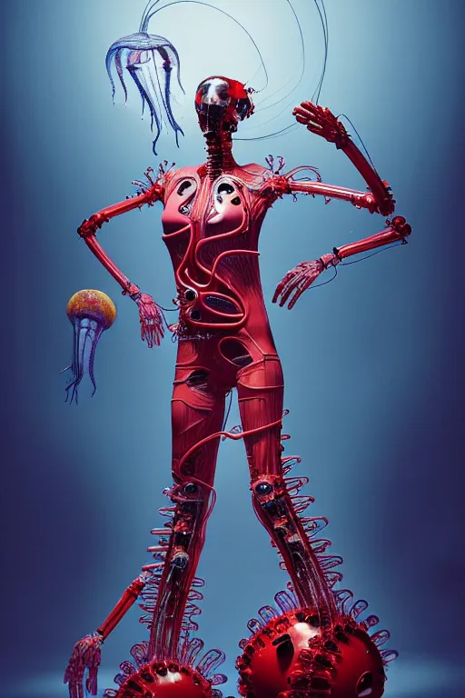 Image similar to background space station, red baroque inflateble dress iris van herpen positing on floor, helmet instead of a head, perfect symmetrical, full body shot, inflateble shapes, wires, tubes, veins, jellyfish, white biomechanical details, wearing epic bionic implants, masterpiece, intricate, biopunk, vogue, highly detailed, artstation, concept art