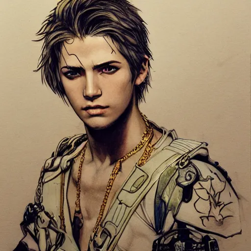 Image similar to portrait of a young white hero using his right arm to hold his sword covering his eye by yoji shinkawa, high quality, extra details, realism, ornate, colored, golden chain, blood, white skin, short hair, brown eyes, vivid, sunlight, dynamic, american man, freedom, white american soldier, pencil drawing, cybernetics, military