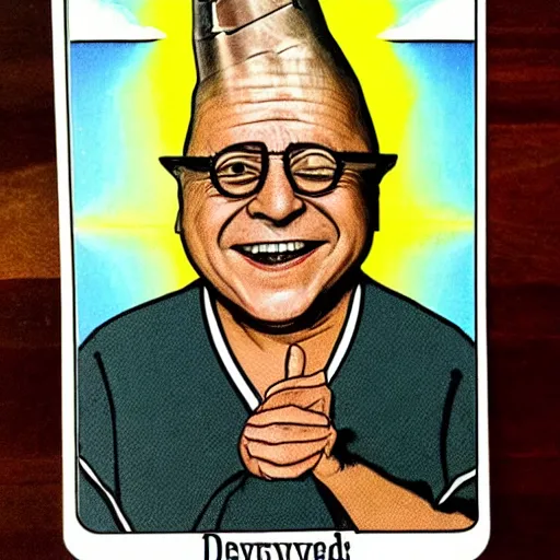 Image similar to Danny DeVito conehead tarot card