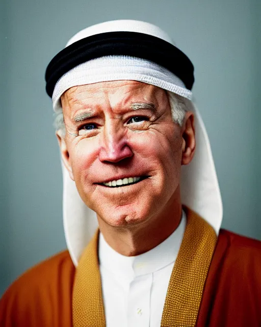 Prompt: a photo of joe biden as a muslim sheikh from the middle east, ( ( ( ( ( ( ( ( smiling ) ) ) ) ) ) ) ), portrait, ektachrome, closeup, f / 2. 8