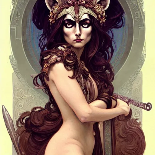 Image similar to a raccoon as the roman goddess of chaos!! intricate elegant, highly detailed, digital painting, artstation, concept art, smooth, sharp focus, illustration, art by ( ( ( artgerm ) ) ) and greg rutkowski! and ( ( alphonse mucha ) ), heavily influenced by frank frazetta and boris vallejo, sword and sorcery