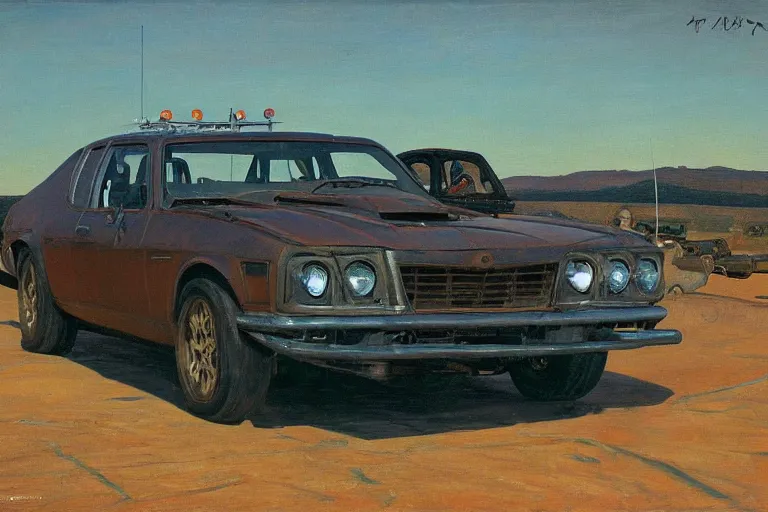 Prompt: mad max's pursuit special, the last v 8 interceptor, grant wood, pj crook, edward hopper, oil on canvas