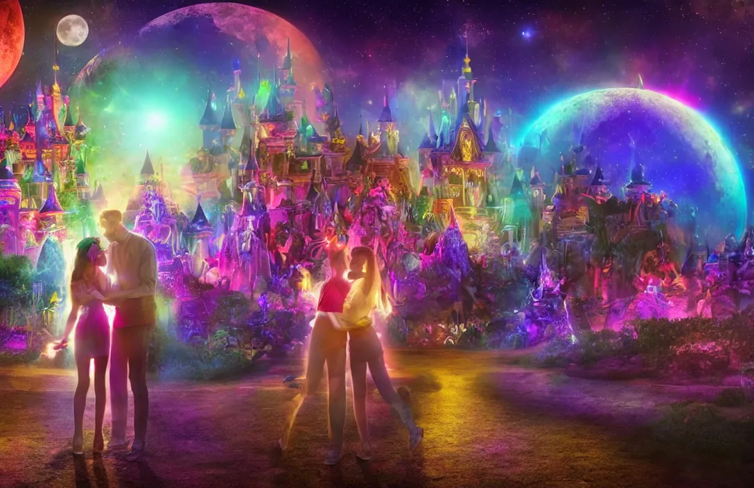 Image similar to boyfriend and girlfriend on a first date in the astral disneyland realm, holding each other, in the background is the astral disneyland resort, with a colorful universe behind it, the moon of disney spirits shines overhead, festive atmosphere, epic fantasy, ultra hd render, + 4 k uhd + very crisp and clear image, romantic