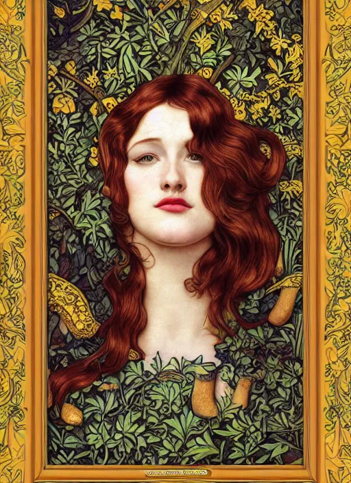 Image similar to masterpiece beautiful seductive flowing curves pinup pose preraphaelite face portrait photography, extreme close up shot, straight bangs, thick set features, yellow ochre ornate medieval dress, amongst inside foliage mushroom forest circle arch, william morris and kilian eng and mucha, framed, 4 k