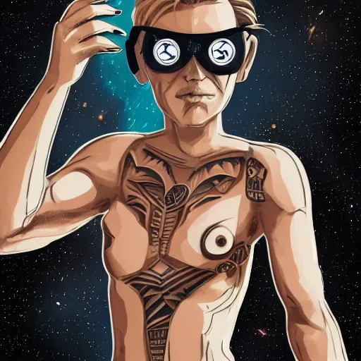 Image similar to detailed illustration of square - jawed emotionless serious blonde woman starship engineer, tribal tattoos, handsome, short slicked - back hair, sweating, uncomfortable and anxious, looking distracted and awkward, wearing victorian dark goggles, dirty white tank top, cargo pants, and gloves, small spacecraft in background, highly detailed, mike mignogna, trending on artstation