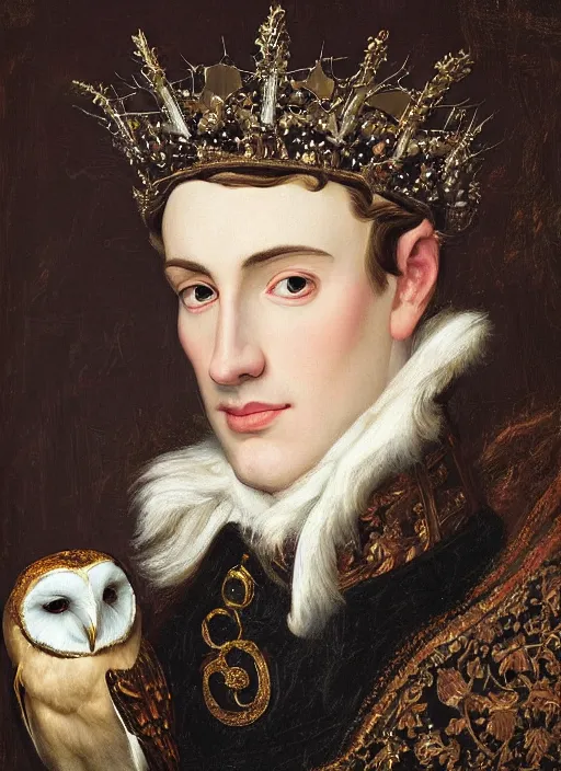 Image similar to close-up portrait of anthropomorphic Prince with a head of barn owl, in a crown, bokeh, blurred space, stars, dreamy, romantic, painting in the museum, highly detailed, sharp focus, digital painting, artwork, by John James Audubon by Victor Adame Minguez by Yuumei by Tom Lovell by Sandro Botticelli