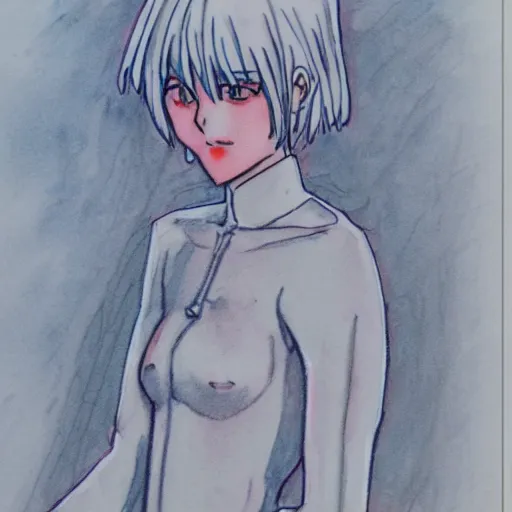 Prompt: pencil and watercolor sketch of rei ayanami