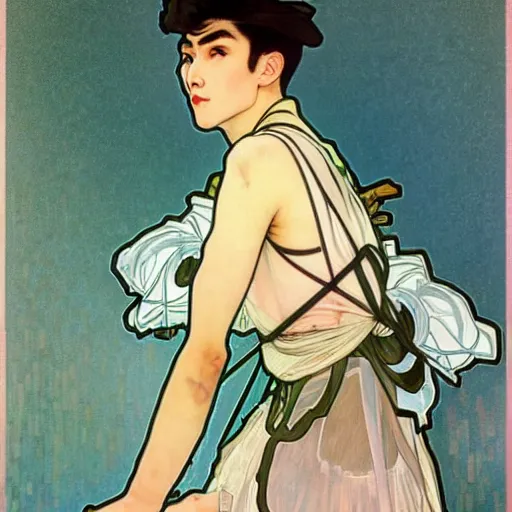 Prompt: full body painting of grumpy handsome thin beautiful young man in his 2 0 s named min - jun in a french female maid outfit, modern clothing, elegant, clear, painting, stylized, delicate facial features, stylized thin lines, soft but grumpy, highly detailed, art, art by alphonse mucha