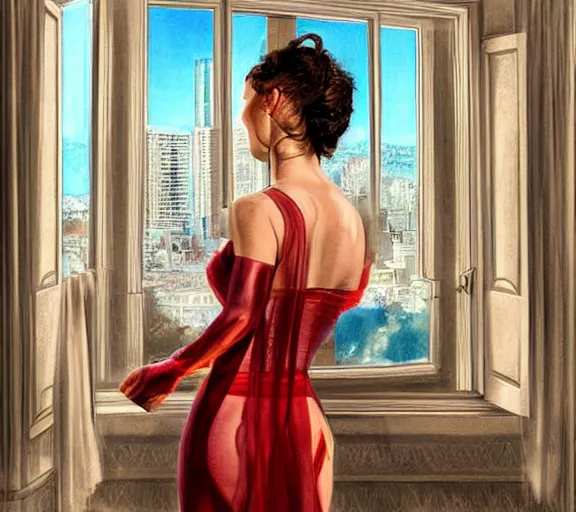 Prompt: she stood by the hotel room window, gazing over the city, beams of moonlight illuminated her figure through her flowing sheer silk gown, holding a glass of red wine, beautiful and captivating, pensive, intricate, highly detailed, digital art, tight fit, art by logan cure, elias chatzoudis
