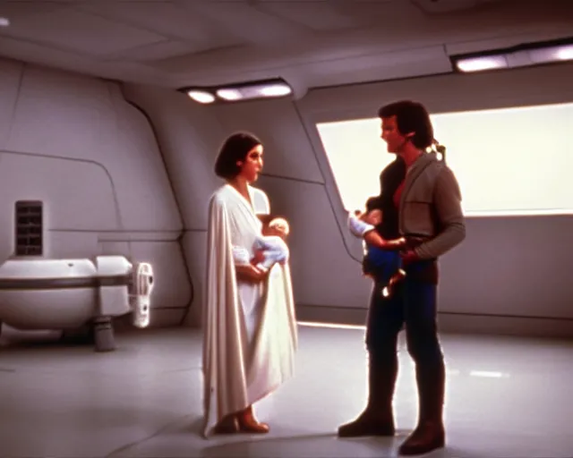 Image similar to screenshot of Han Solo standing next to Princess Leia Organa holding a new born baby in a swaddle, alone, pensive, iconic scene from 1980s Star Wars film directed by Ridley Scott, in a sci fi nursing home architecture, last jedi, 4k HD sharp, cinematic still frame, photoreal, detailed face, moody lighting, stunning cinematography, anamorphic lenses, kodak color film stock