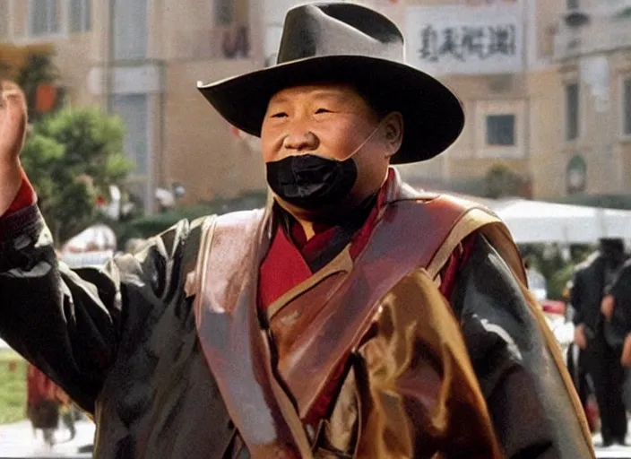 Prompt: xi jinping dressed as a cowboy wearing a disguise while he sinks into a tar pit wide shot, from the hit 9 0 s tv show