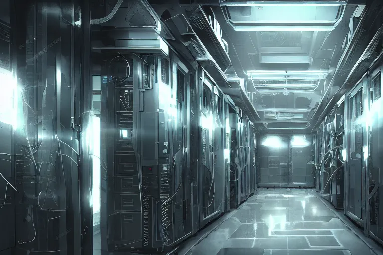 Image similar to parallax datacenter server room interior single mono colossus white rusty android guest robosaurus artstation cinematic detailed concept art sharp coherent cgsociety symmetric perfect well balanced shadows lotr swithes routers