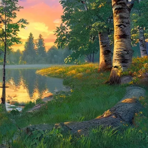 Image similar to a masterpiece detailed beautiful russian village, houses, trees, birch, lake, golden hour, sunset, by Makoto Shinkai and Ivan Shishkin