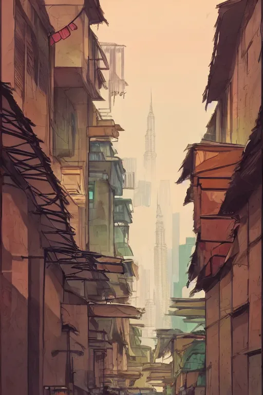 Image similar to backlane alley with kuala lumpur twin towers in the background, evening, studio ghibli, artstation