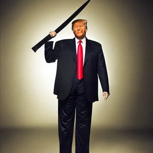 Image similar to photo of donald trump, kodak portra 4 0 0, wearing a suit of knight ’ s armor, two arms, two legs, symmetrical face, donald trump ’ s face, donald trump, donald trump holding a mythical sword, knights armor