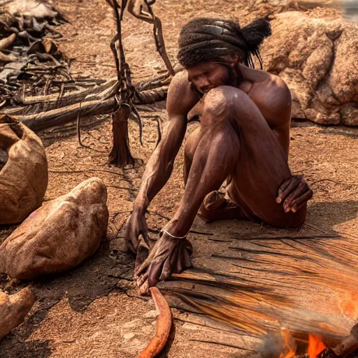 Prompt: Tribal man discover the creation of fire, highly detailed, ultra wide 8k photo,