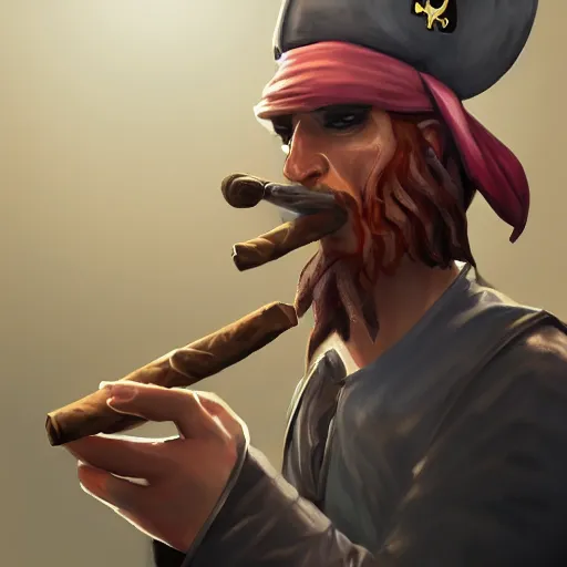 Image similar to pirate lighting his cigar with black dragon instead of lighter, digital art, trending on artstation