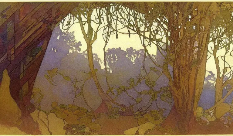 Prompt: A serene landscape with a singular building in the style of Alfons Maria Mucha.