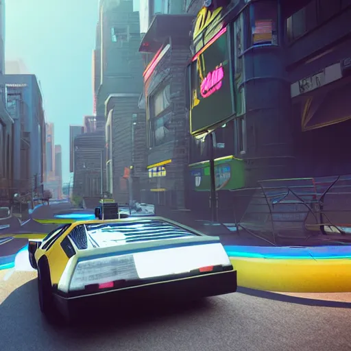 Image similar to point perspective illustration, neon city photorealistic render unreal engine 5, delorean hovers in the foreground