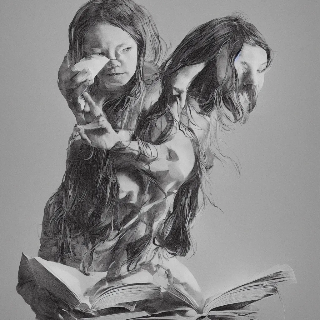 Prompt: Conceptual art of a girl reading a book being the most powerful moment in time. Highly detailed.