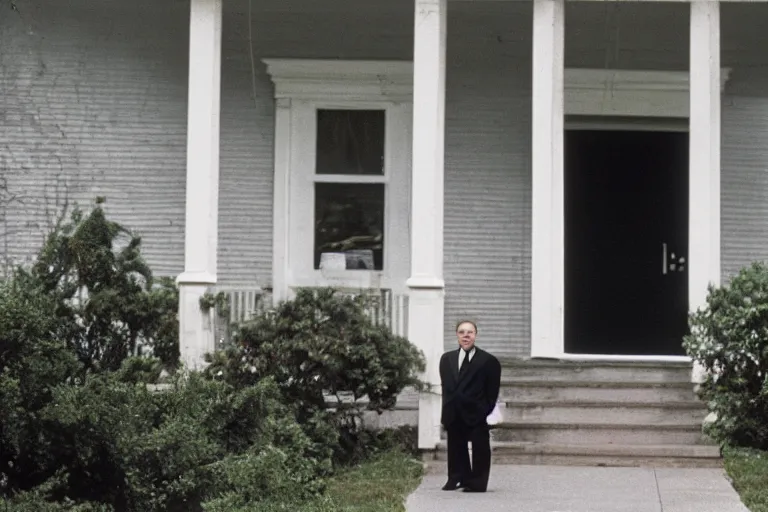 Image similar to cinematic film still from 1994 film: portly clean-shaven white man wearing suit and necktie standing on the front porch of his house. XF IQ4, f/1.4, ISO 200, 1/160s, 8K, RAW, dramatic lighting, symmetrical balance, in-frame